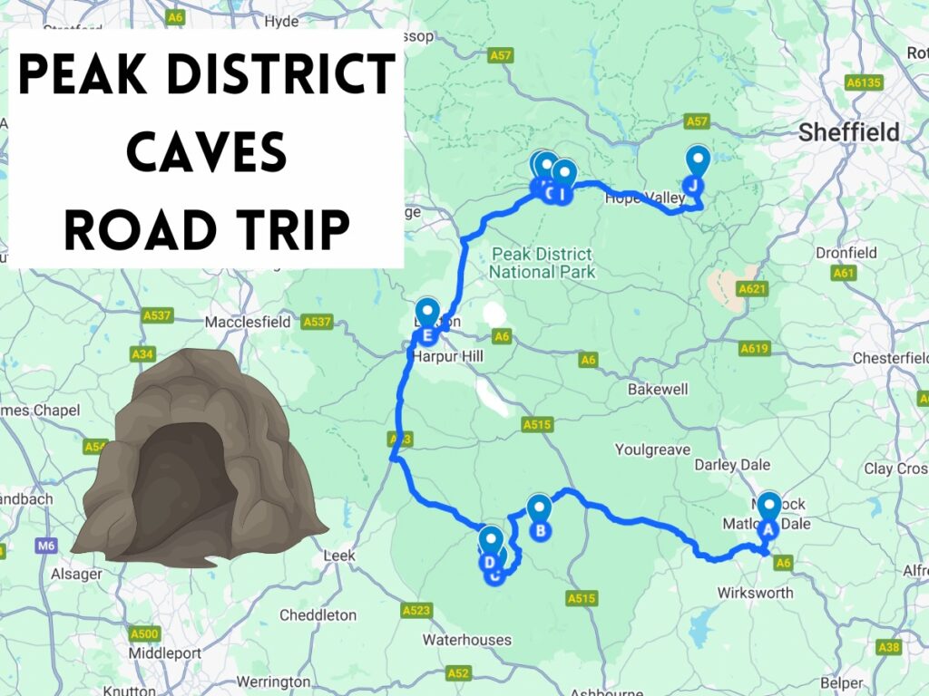 peak district caves road trip map