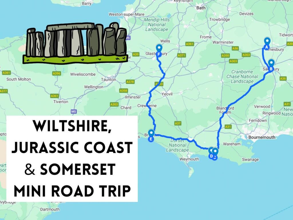 Wiltshire Jurassic Coast Somerset Mini Road Trip map